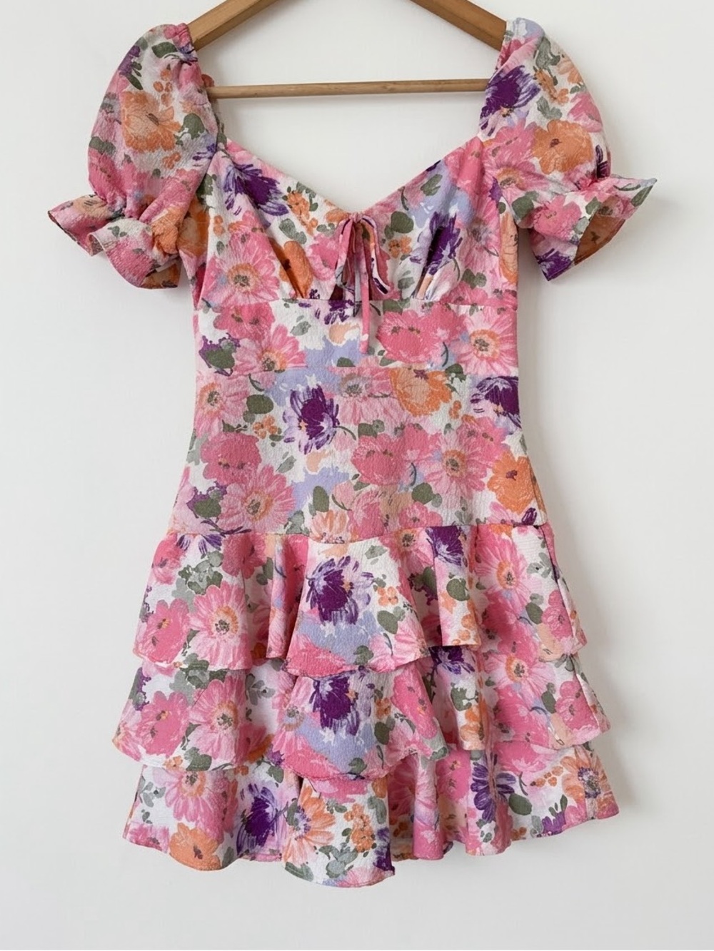 City Vibe Floral Ruffle Mini Dress Pink Purple Puff Sleeve Size 1 Garden Cottage